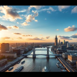 A stunning aerial view of London, showcasing iconic landmarks such as the Tower Bridge and the Houses of Parliament, with the River Thames flowing through the city