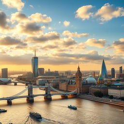 A stunning aerial view of London, showcasing iconic landmarks such as the Tower Bridge and the Houses of Parliament, with the River Thames flowing through the city