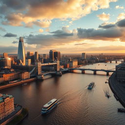 A stunning aerial view of London, showcasing iconic landmarks such as the Tower Bridge and the Houses of Parliament, with the River Thames flowing through the city