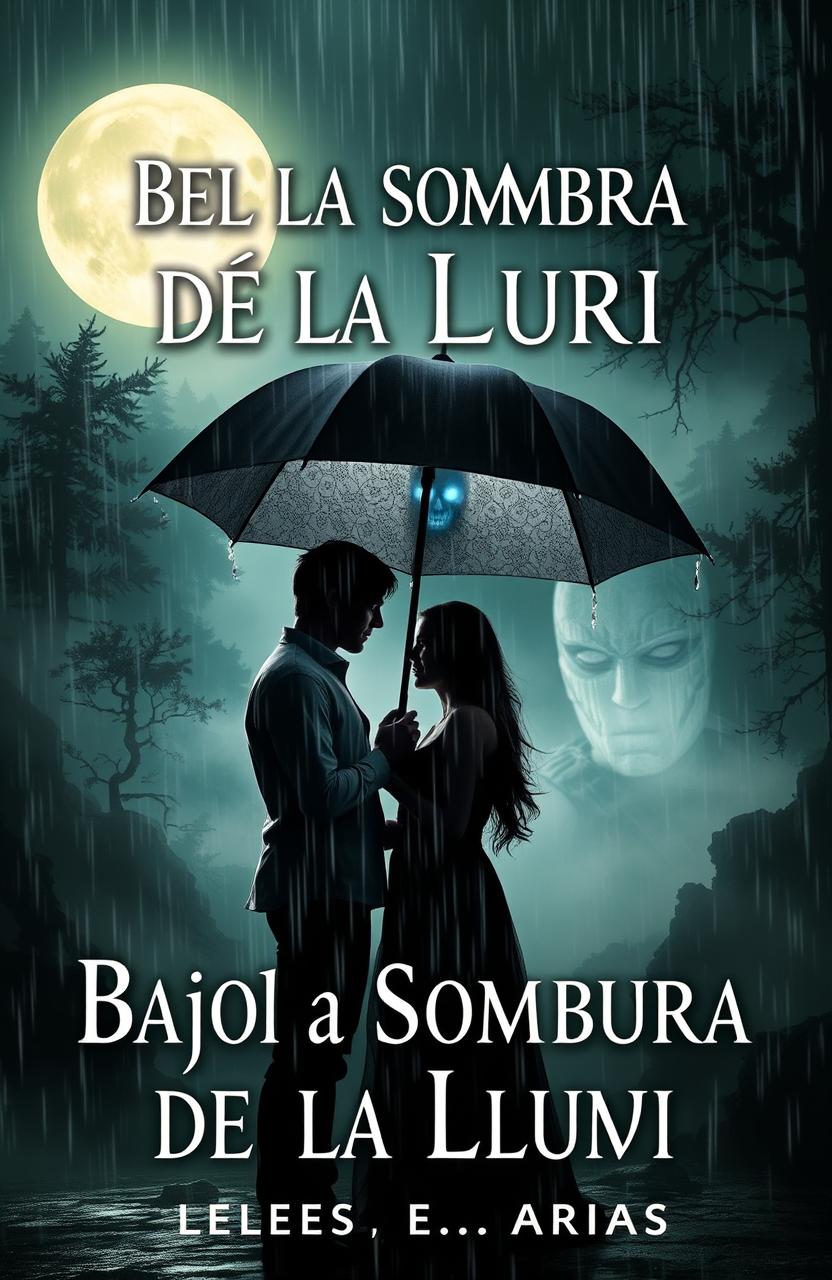 A book cover titled "Bajo la Sombra de la Lluvia" that beautifully contrasts romance and terror