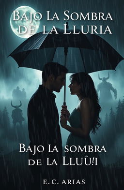 A book cover titled "Bajo la Sombra de la Lluvia" that beautifully contrasts romance and terror