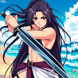 A fierce and beautiful swordswoman inspired by anime, showcasing long flowing hair and wearing a stylish, revealing outfit suited for battle