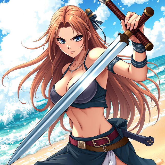 A fierce and beautiful swordswoman inspired by anime, showcasing long flowing hair and wearing a stylish, revealing outfit suited for battle