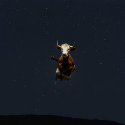 A lively cow soaring over a bright, full moon against a starlit pitch-black sky.