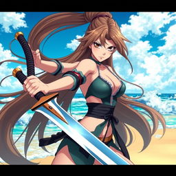 A fierce and beautiful swordswoman inspired by anime, showcasing long flowing hair and wearing a stylish, revealing outfit suited for battle