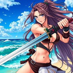 A fierce and beautiful swordswoman inspired by anime, showcasing long flowing hair and wearing a stylish, revealing outfit suited for battle