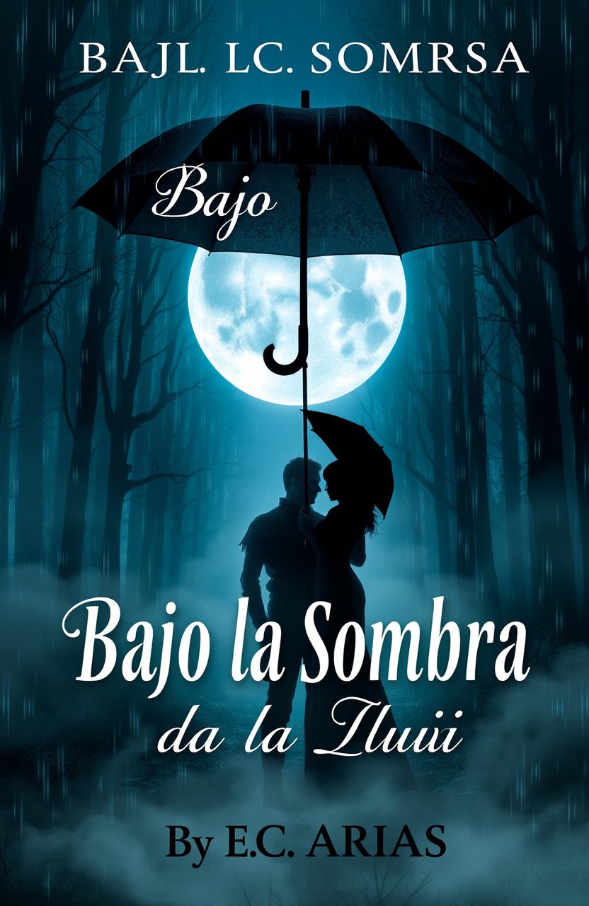 A captivating book cover titled 'Bajo la Sombra de la Lluvia', featuring a romantic yet eerie scene