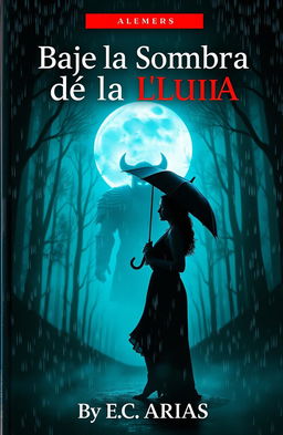 A captivating book cover titled 'Bajo la Sombra de la Lluvia', featuring a romantic yet eerie scene