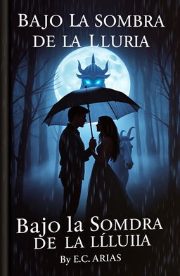 A captivating book cover titled 'Bajo la Sombra de la Lluvia', featuring a romantic yet eerie scene