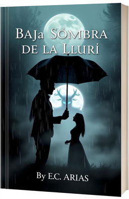 A captivating book cover titled 'Bajo la Sombra de la Lluvia', featuring a romantic yet eerie scene