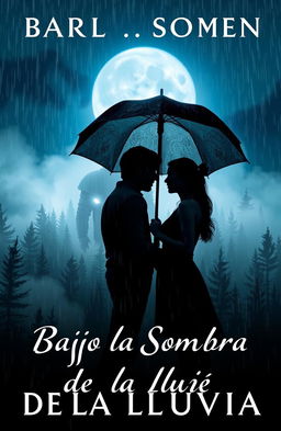 An attractive book cover design for 'Bajo la Sombra de la Lluvia', featuring a romantic couple standing passionately under a pouring rain, gazing intensely into each other's eyes while sharing a large umbrella