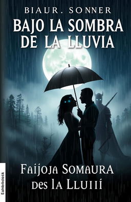 An attractive book cover design for 'Bajo la Sombra de la Lluvia', featuring a romantic couple standing passionately under a pouring rain, gazing intensely into each other's eyes while sharing a large umbrella