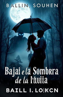 An attractive book cover design for 'Bajo la Sombra de la Lluvia', featuring a romantic couple standing passionately under a pouring rain, gazing intensely into each other's eyes while sharing a large umbrella