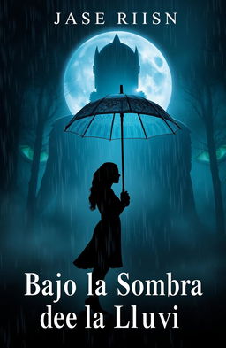 An attractive book cover design for 'Bajo la Sombra de la Lluvia', featuring a romantic couple standing passionately under a pouring rain, gazing intensely into each other's eyes while sharing a large umbrella