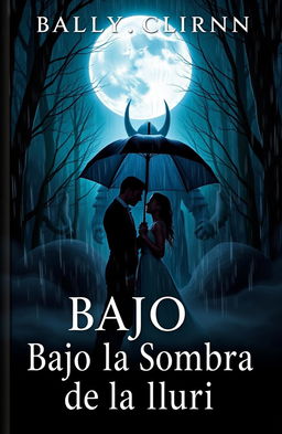 An attractive book cover titled 'Bajo la Sombra de la Lluvia', featuring a passionate couple standing under a large umbrella, locked in an intense gaze amidst a pouring rain