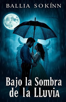 An attractive book cover titled 'Bajo la Sombra de la Lluvia', featuring a passionate couple standing under a large umbrella, locked in an intense gaze amidst a pouring rain