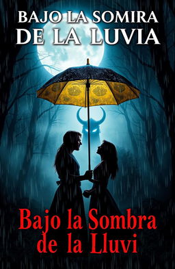 An attractive book cover titled 'Bajo la Sombra de la Lluvia', featuring a passionate couple standing under a large umbrella, locked in an intense gaze amidst a pouring rain