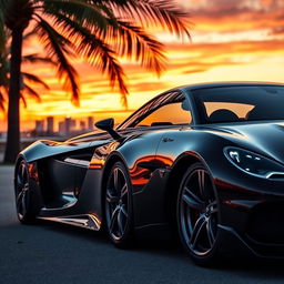An intricately designed high-performance car, showcasing an elegant black exterior, sleek curves, and a modern aesthetic