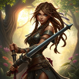 A captivating fantasy RPG character named Lona, depicted as a fierce and adventurous young woman