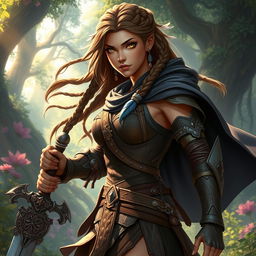 A captivating fantasy RPG character named Lona, depicted as a fierce and adventurous young woman