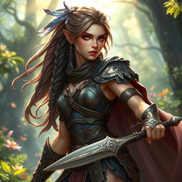 A captivating fantasy RPG character named Lona, depicted as a fierce and adventurous young woman