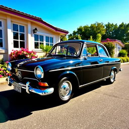 A classic 1966 black Seat 1500, beautifully restored and showcased in a vibrant outdoor setting