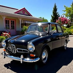 A classic 1966 black Seat 1500, beautifully restored and showcased in a vibrant outdoor setting