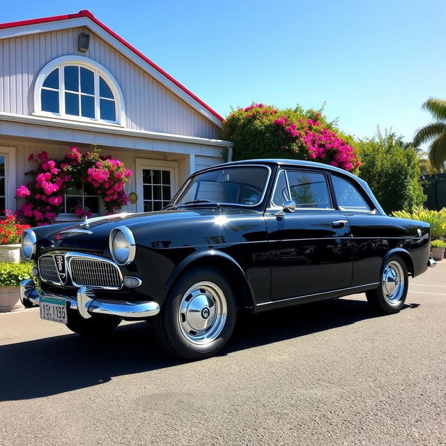 A classic 1966 black Seat 1500, beautifully restored and showcased in a vibrant outdoor setting