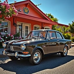 A classic 1966 black Seat 1500, beautifully restored and showcased in a vibrant outdoor setting