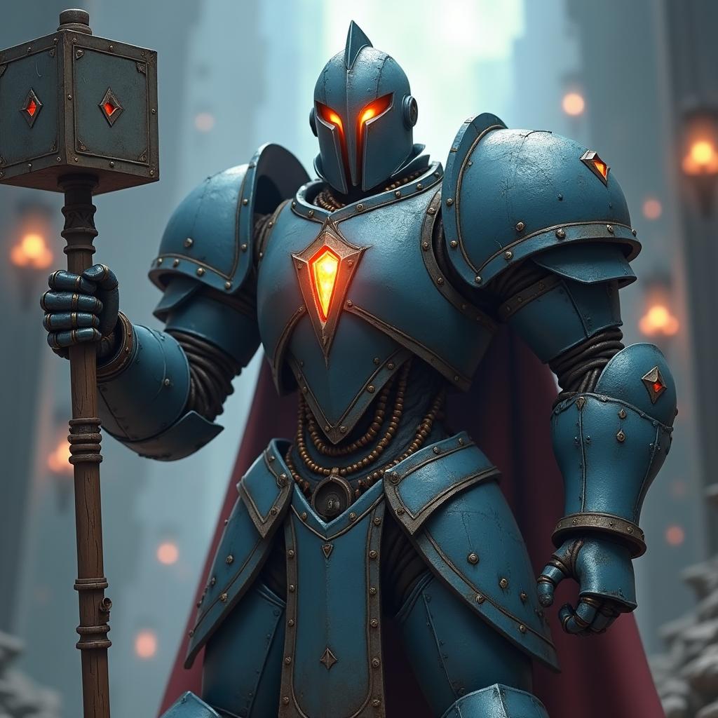 A medieval fantasy Warhammer 40k knight depicted in the style of Full Metal Alchemist Brotherhood anime, featuring a robot that is slightly larger than a human