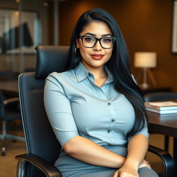 A beautiful Brazilian female executive assistant, aged 18, sitting in an office chair