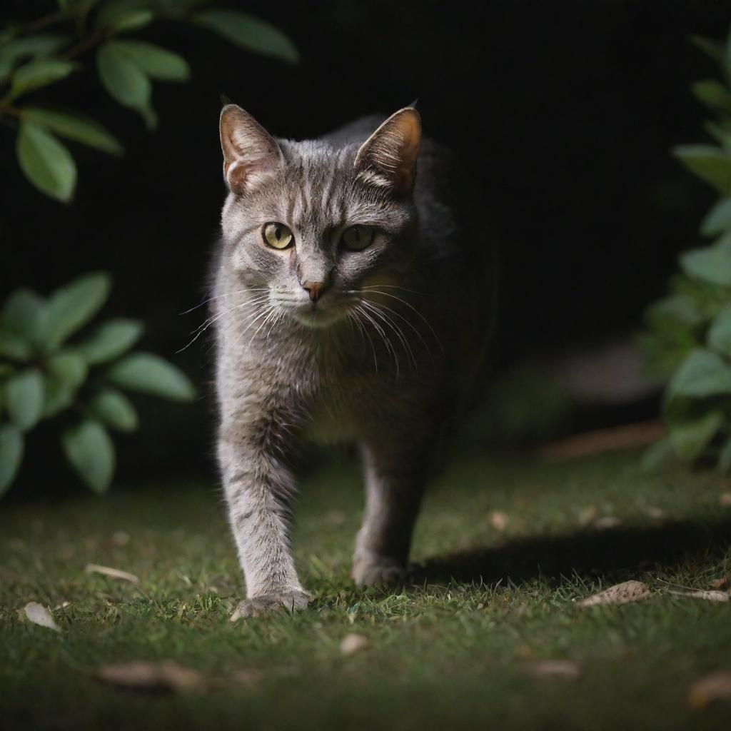 A sleek, agile cat with gleaming eyes, poised in hunting stance, stalking a nimble, elusive rat in a moonlit backyard setting.