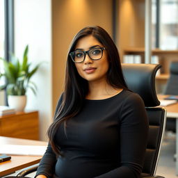 A beautiful Brazilian female executive assistant, aged 18, sitting in an office chair