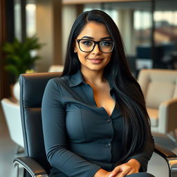 A beautiful Brazilian female executive assistant, aged 18, sitting in an office chair