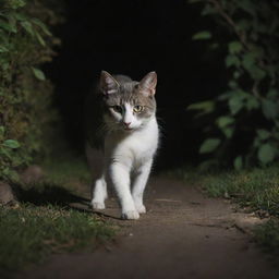 A sleek, agile cat with gleaming eyes, poised in hunting stance, stalking a nimble, elusive rat in a moonlit backyard setting.