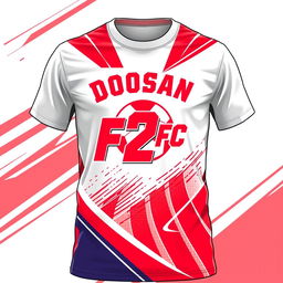 A vibrant and energetic T-shirt design for a sports team named "Doosan 2 FC", specifically tailored for football