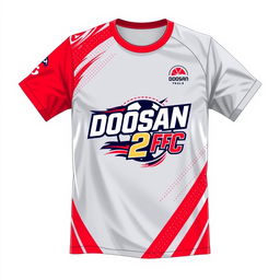 A vibrant and energetic T-shirt design for a sports team named "Doosan 2 FC", specifically tailored for football