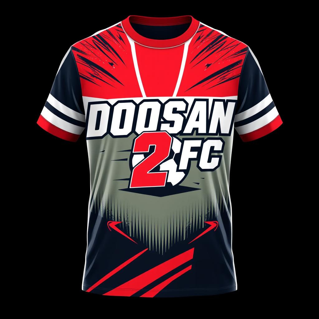 A vibrant and energetic T-shirt design for a sports team named "Doosan 2 FC", specifically tailored for football