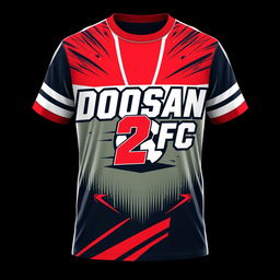 A vibrant and energetic T-shirt design for a sports team named "Doosan 2 FC", specifically tailored for football