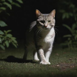 A sleek, agile cat with gleaming eyes, poised in hunting stance, stalking a nimble, elusive rat in a moonlit backyard setting.