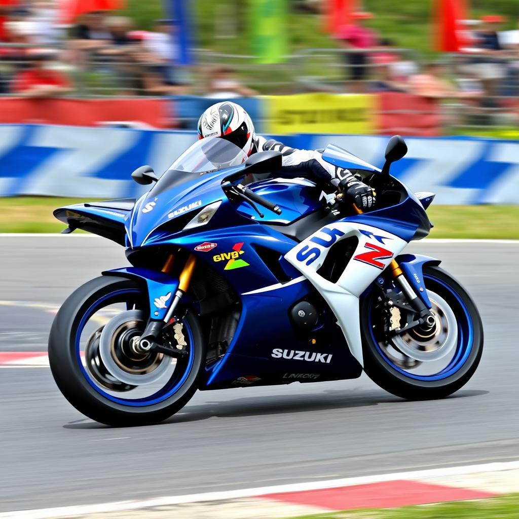 A 2003 Suzuki GSXR 1000 motorcycle leaning into a curve on a racetrack, showcasing its high-performance capabilities