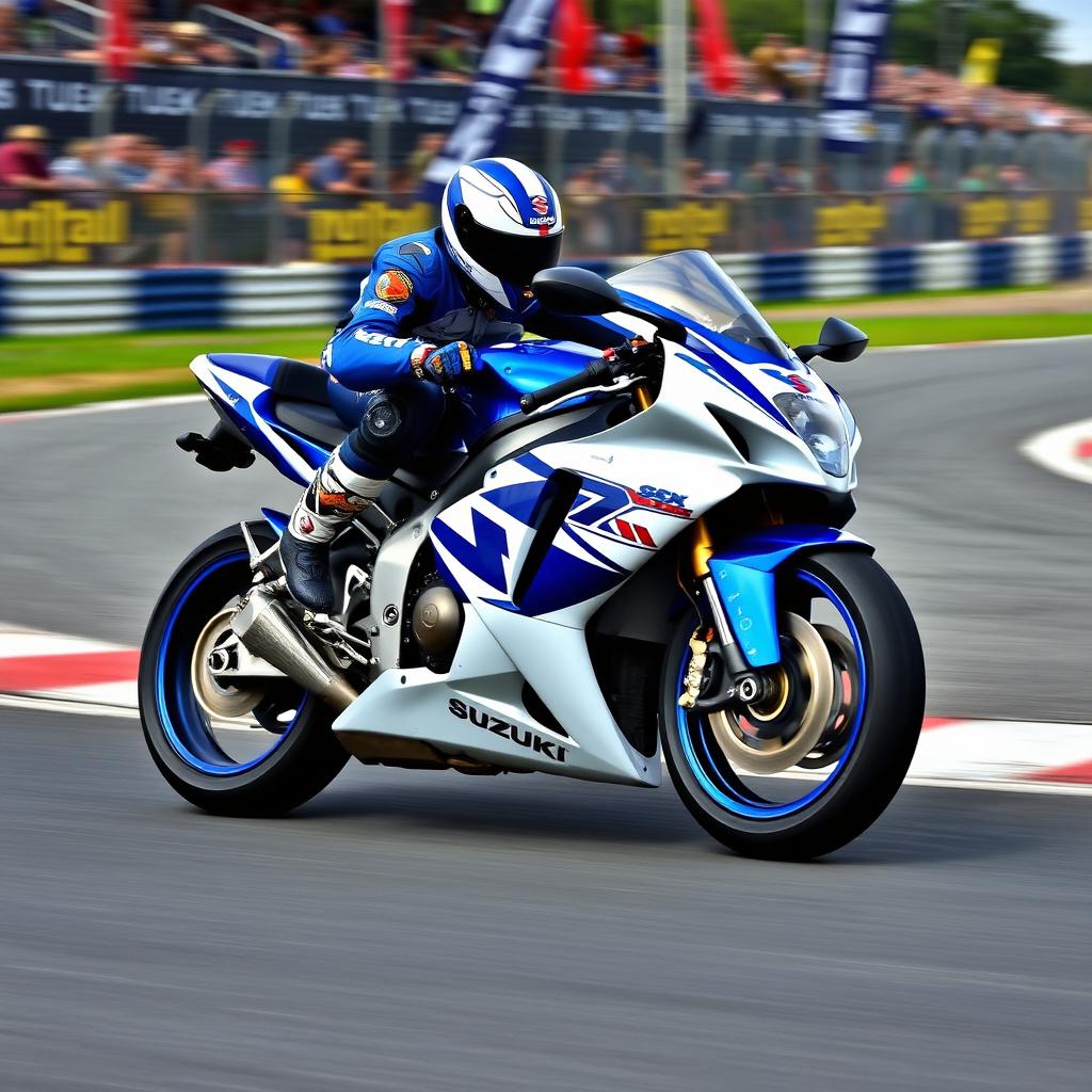 A 2003 Suzuki GSXR 1000 motorcycle leaning into a curve on a racetrack, showcasing its high-performance capabilities