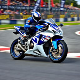 A 2003 Suzuki GSXR 1000 motorcycle leaning into a curve on a racetrack, showcasing its high-performance capabilities