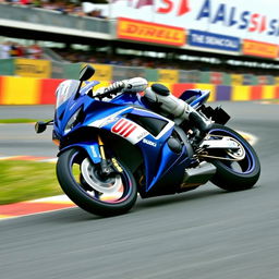 A 2003 Suzuki GSXR 1000 motorcycle leaning into a curve on a racetrack, showcasing its high-performance capabilities