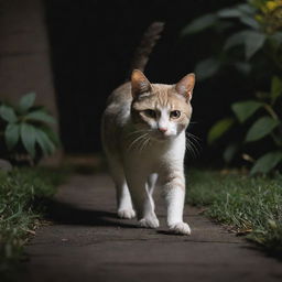 A sleek, agile cat with gleaming eyes, poised in hunting stance, stalking a nimble, elusive rat in a moonlit backyard setting.