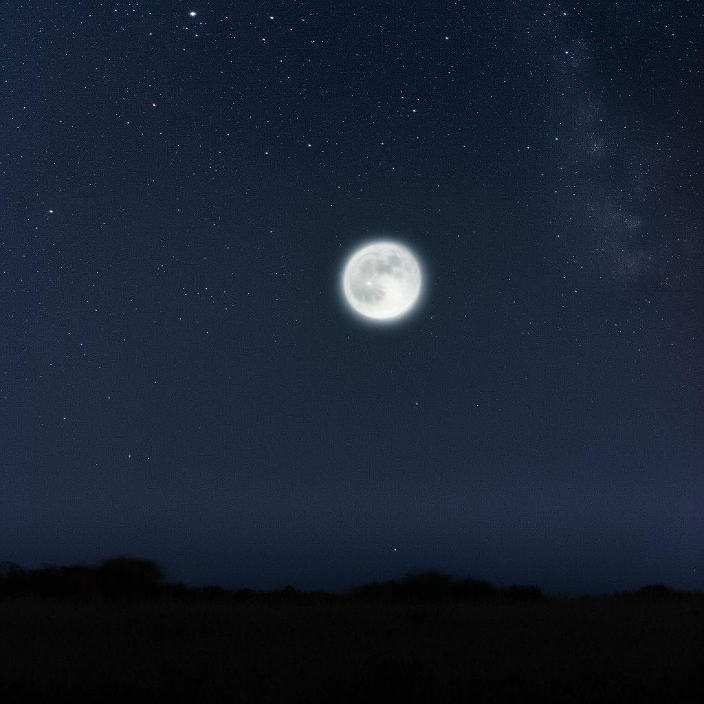 A lively cow soaring over a bright, full moon against a starlit pitch-black sky.