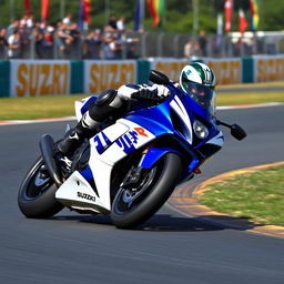 A 2003 Suzuki GSXR 1000 motorcycle leaning into a curve on a racetrack, showcasing its high-performance capabilities