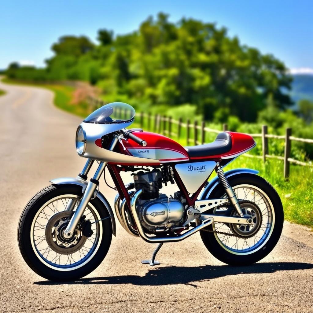 A classic Ducati 160 Sport motorcycle, beautifully preserved and showcased in a vibrant outdoor setting