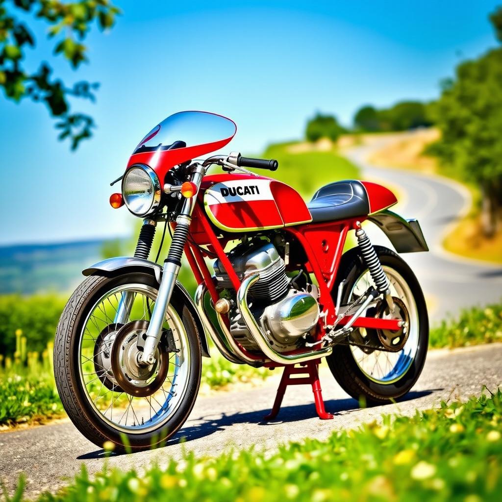 A classic Ducati 160 Sport motorcycle, beautifully preserved and showcased in a vibrant outdoor setting