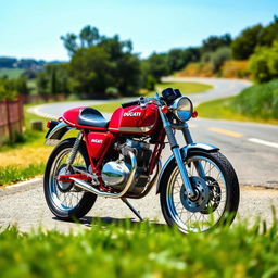 A classic Ducati 160 Sport motorcycle, beautifully preserved and showcased in a vibrant outdoor setting